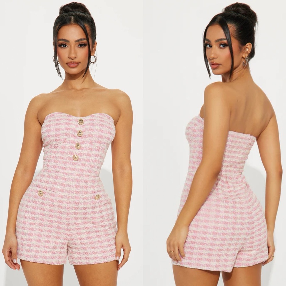 Fashion Nova Pink Brunch With You Tweed Romper Extra Small XS NEW NWT